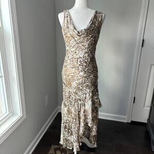 VTG 90s Y2K Nina Austin Dress Silk Midi Animal Print Beaded Ruffle Feminine